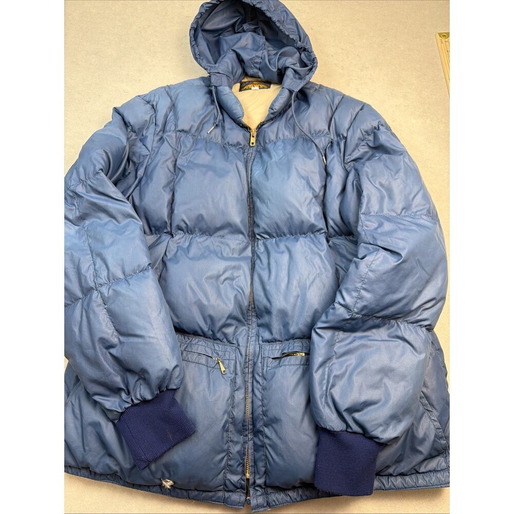 Vintage 50s RARE Eddie Bauer Sunset Down Hooded Puffer Jacket Med Blue USA Made